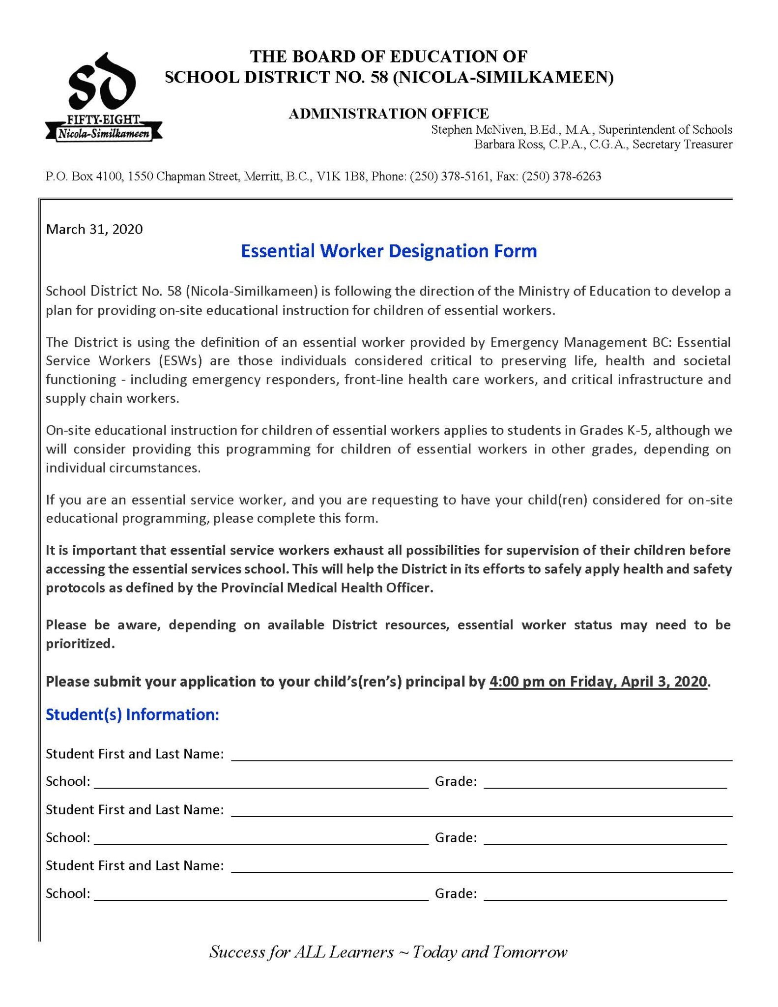 Essential Worker Application Form SD No. 58 (NicolaSimilkameen)