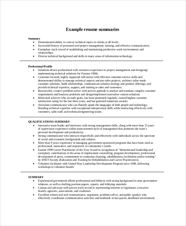 Resume Career Summary Examples Mryn Ism