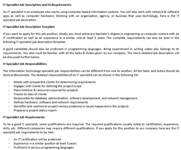IT Specialist Job Description and Its Requirements room