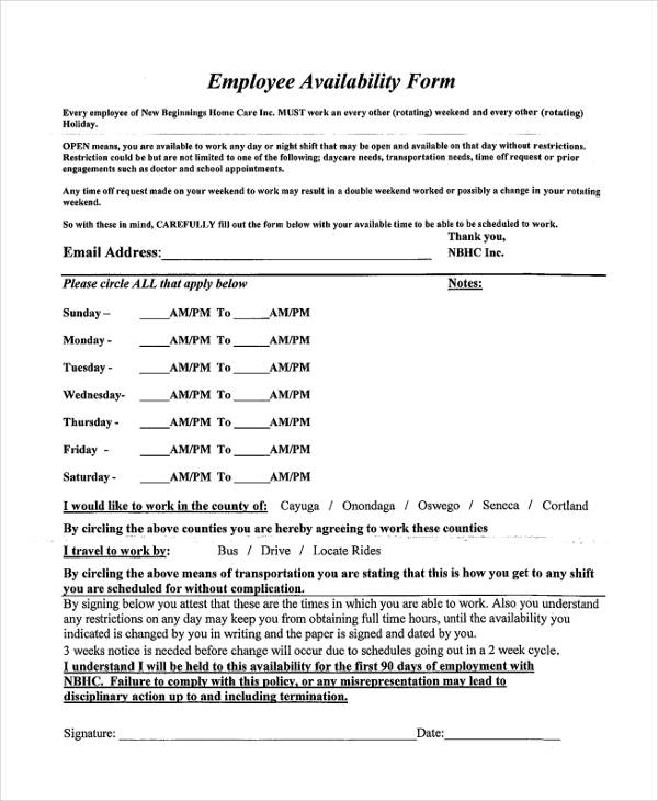 FREE 15+ Employee Availability Forms in PDF Ms Word