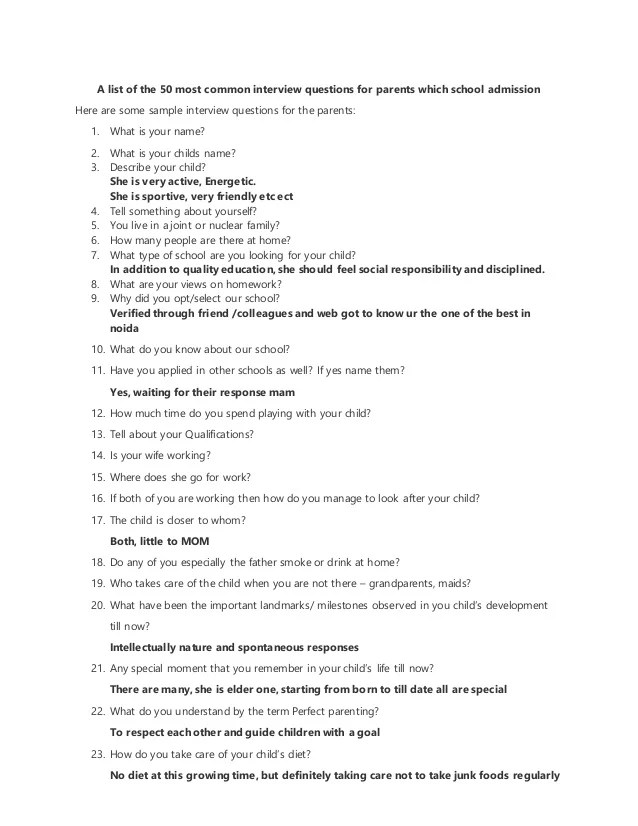 A list of the 50 most common interview questions for parents which sc…