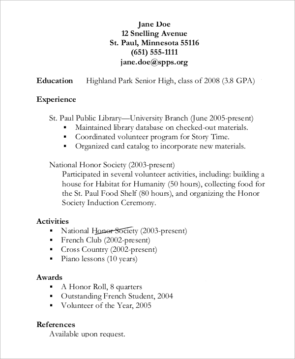 FREE 8+ High School Resume Samples in MS Word PDF
