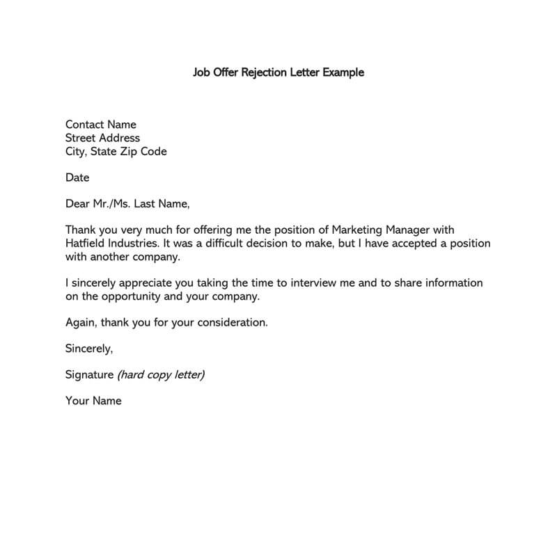 Job Offer Rejection Letter Sample For Your Needs Letter Template