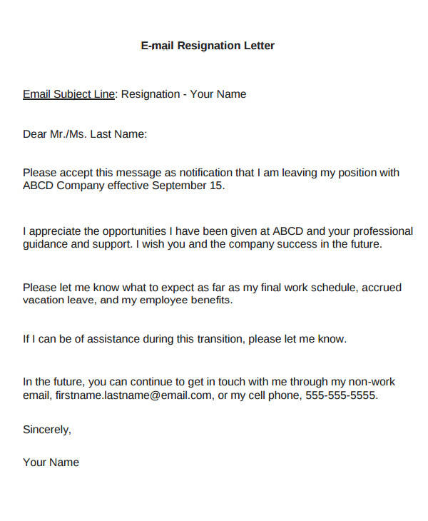 FREE 6+ Email Resignation Letter Samples in MS Word PDF