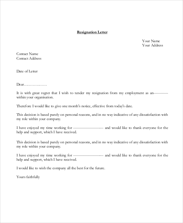 FREE 13+ Resign Letter Samples in MS Word PDF Google Docs Pages