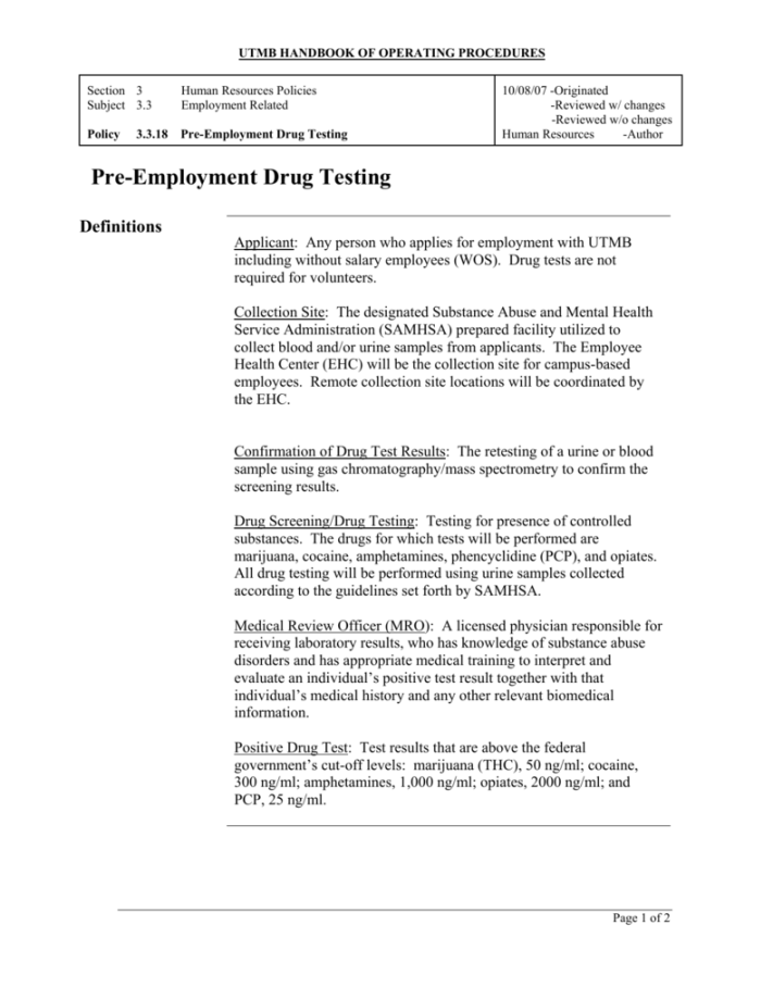 PreEmployment Drug Testing University of Texas Medical Branch