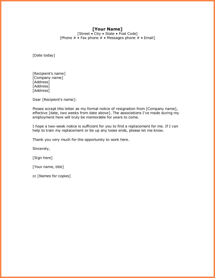 5 simple resignation letter sample 1 week notice