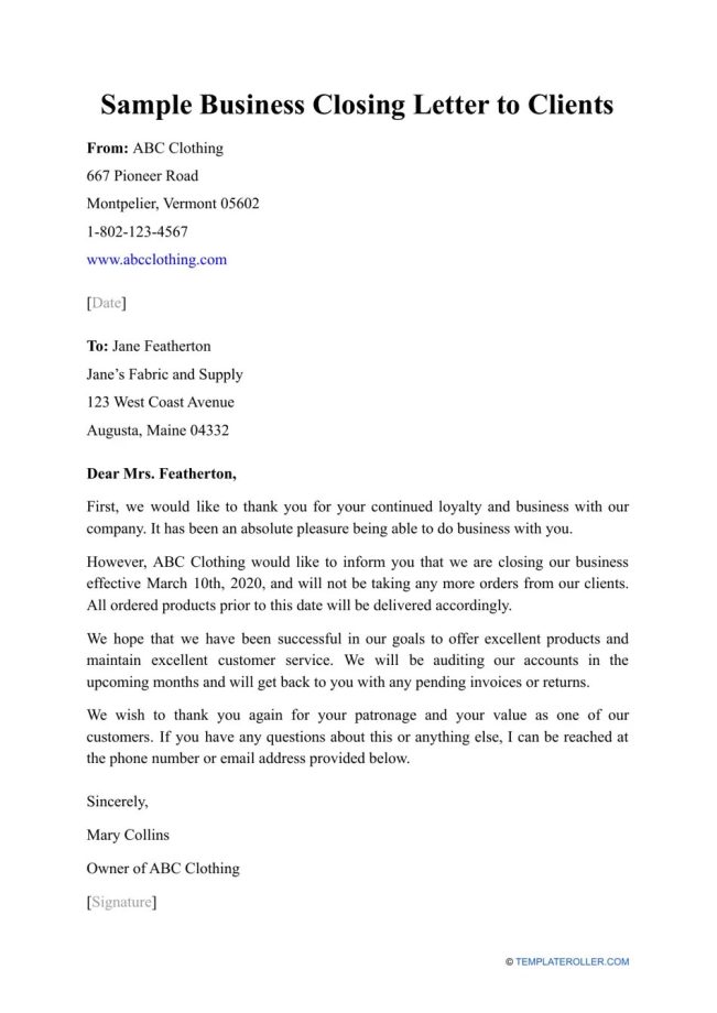 Sample Business Closing Letter to Clients Download Printable PDF