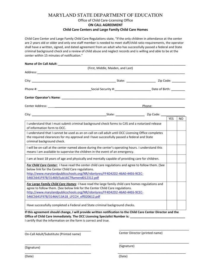 Maryland On Call Agreement Download Printable PDF Templateroller