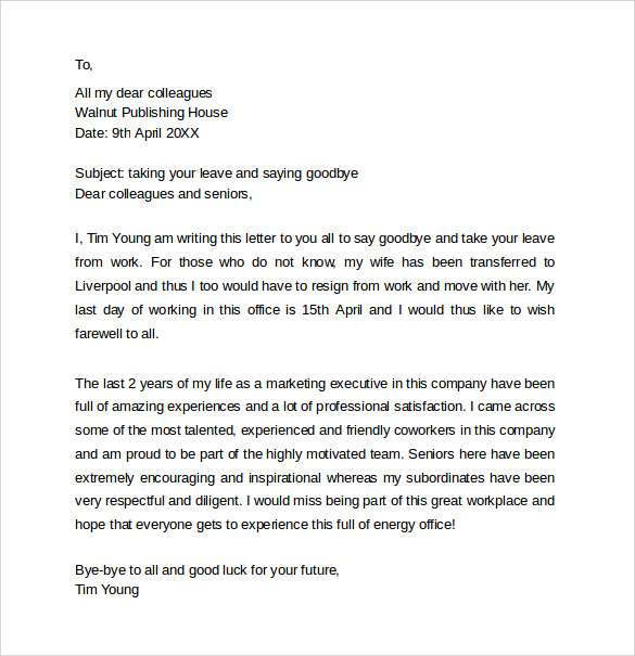 FREE 14+ Sample Farewell Letters to CoWorkers in PDF MS Word Pages