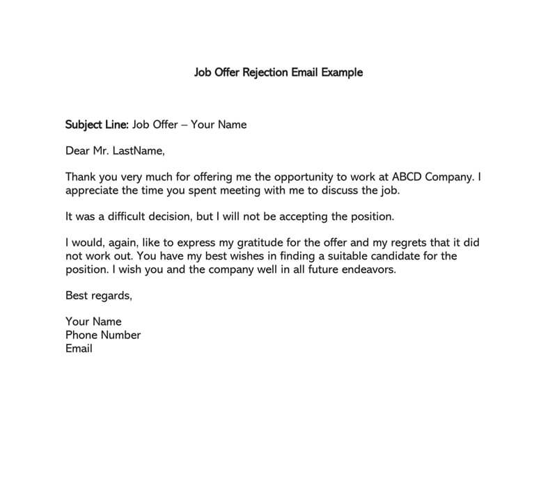Formal Rejection Letter to Decline Job Offer (Email Examples)