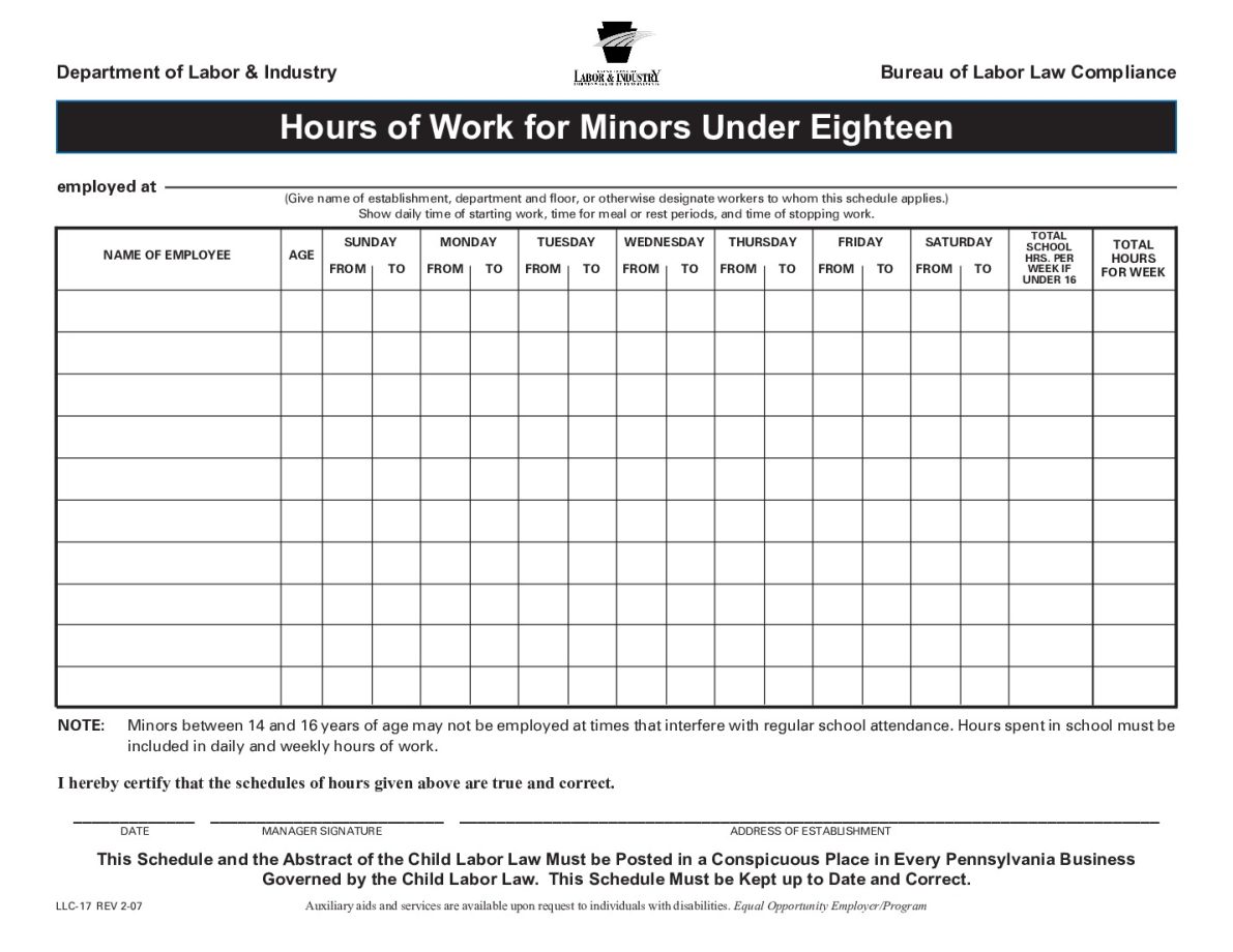 Free Pennsylvania Hours of Work for Minors Under Eighteen (Rev 207