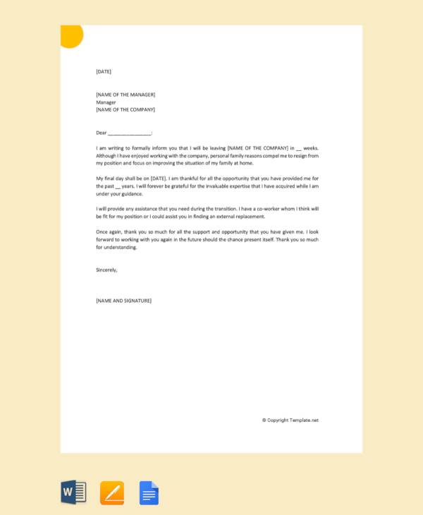 FREE 10+ Sample Resignation Letter for Family Reasons in Apple Pages