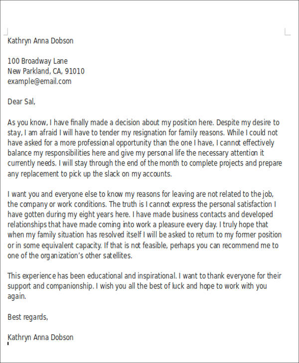 FREE 10+ Sample Resignation Letter for Family Reasons in Apple Pages