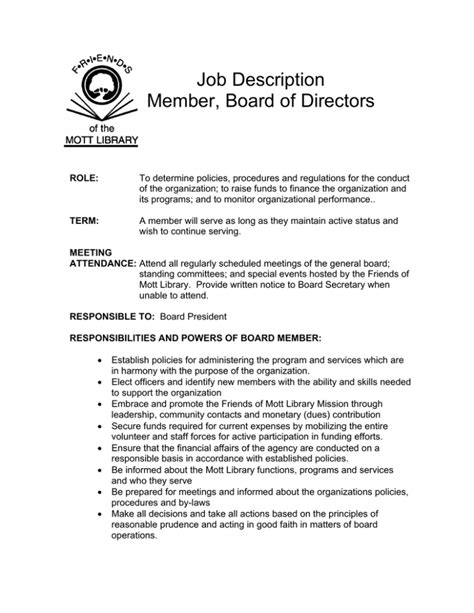Job Description Member, Board of Directors
