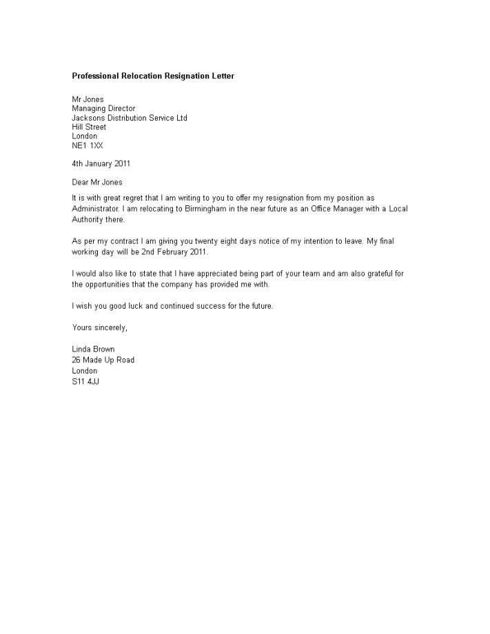 Professional Relocation Resignation Letter Templates at