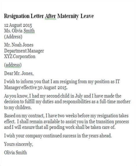 How To Write A Letter Of Resignation After Maternity Leave Allcot Text