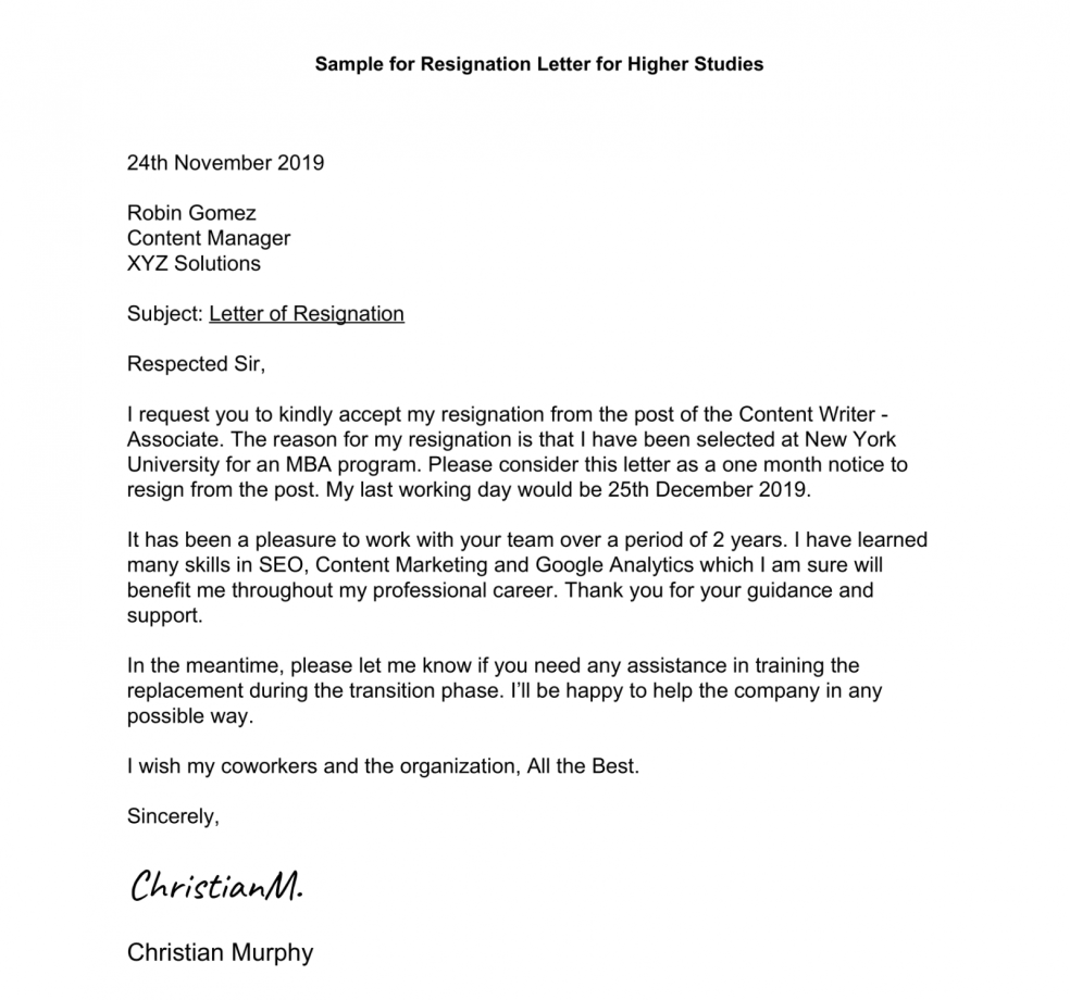 Resignation Letter for Higher Studies Format & Samples Leverage Edu