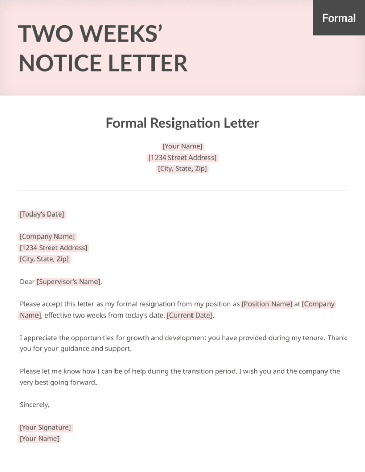 Two Weeks Notice Letter Sample Free Download