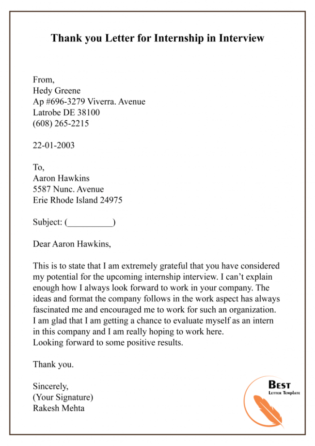 Free Sample Thank You Letter Template for Internship