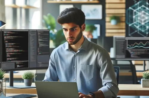 Young Middle Eastern software developer working in a modern tech office environment, surrounded by monitors displaying code and data analysis.
