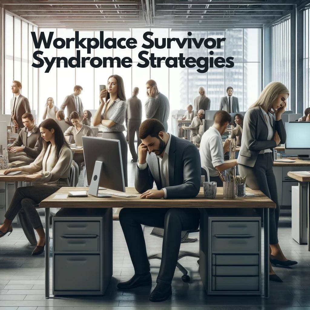 Diverse group of office workers showing anxiety and resilience in a modern workspace.